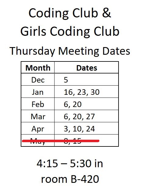 Coding Club Meeting Dates